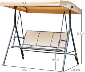 Baloiço de Jardim Exterior de 3 Lugares com Toldo Reclinável Assento Respirável e Estrutura de Aço 175x118x159 cm Bege