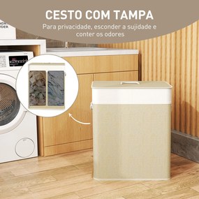 Cesto de Roupa com Tampa 100L de Bambu com 2 Compartimentos Bolsa Interior Amóvivel 52x32x63 cm Bege e Creme