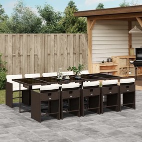 11 pcs conjunto jantar p/ jardim c/ almofadões vime PE castanho