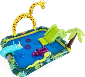 Piscina insuflável  208 x 178 x 138 cm infantil com escorrega, chuveiro em forma de girafa e jogo de aros, com tema de animais da selva, centro de jog