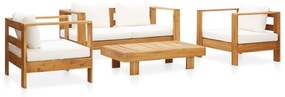 vidaXL 4 pcs conjunto lounge jardim c/ almofadões creme acácia maciça
