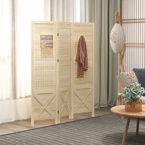 Biombo de interior em madeira 114 x 1,7 x 144,5 cm, com 3 painéis, divisória dobrável, painel perfurado, madeira natural