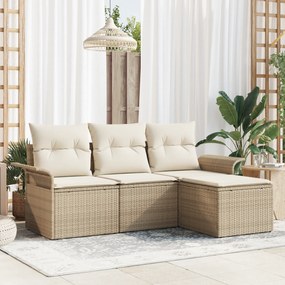 Conjunto de Sofá de Jardim de 4 Peças com Almofadas Bege Rattan Polipr