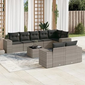 9 pcs conjunto sofás p/ jardim com almofadões vime PE cinzento