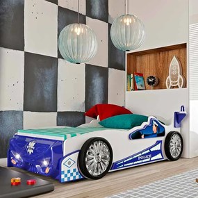 Cama para criança, carro de polícia 220 x 115 x 60 cm Com Luzes LED, Oferta colchão e estrado Azul e Branco