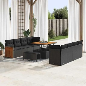 Conjunto de Sofá de Jardim vidaXL com 11 Peças e Almofadas Preto Vime de Acácia