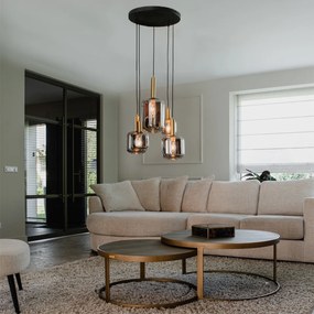 Candeeiro de suspensão preto com dourado e vidro fumê 5 luzes - Zuzanna