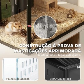 Gaiola Grande para Hamster 105x51x53 cm com Tampa Ventilada Rebatível Estrutura de Aço e Painéis Transparentes Preto
