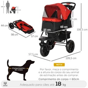 Carrinho dobrável para animais de estimação com 3 rodas Correias de segurança e cesto de armazenamento 109,5x54,5x106,5 cm Vermelho e preto