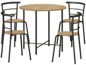 Conjunto de Mesa e Cadeiras de Refeição Mesa de Cozinha Redonda com 4 Cadeiras Estilo Industrial Madeira e Preto