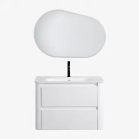 Conjunto De Móvel De Casa De Banho Em Madeira Com Lavatório Integrado Egerton Branco & Oval Led E Anti-embaciamento 100x65 Cm Meunier - Sklum