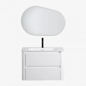 Conjunto De Móvel De Casa De Banho Suspenso 80x50 Cm Em Madeira Com Lavatório Integrado Egerton Branco & Oval Led E Anti-embaciamento 100x80 - Sklum