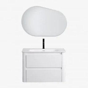 Conjunto De Móvel De Casa De Banho Suspenso Em Madeira Com Lavatório Integrado Egerton Branco & Oval Led E Anti-embaciamento 100x80 Cm Riben - Sklum