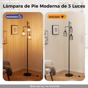 Candeeiro de pé industrial moderno de 169 cm com abajur de 3 gaiolas Base alta para escritório, quarto, escritório, preto