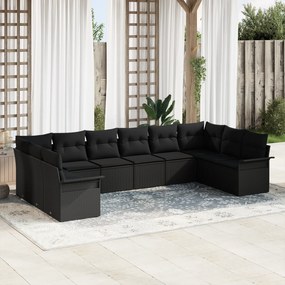 Conjunto de 10 Peças de Sofá de Jardim com Almofadas Preto Vime Poliés