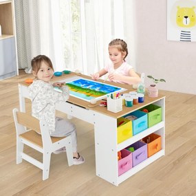 Conjunto de mesa e 2 cadeiras com cavalete para desenho, com copos para tinta e rolo de papel natural