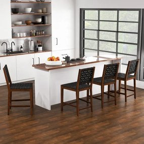 Conjunto de 2 bancos de bar de madeira com alças de couro PU e encosto confortável para cozinha, bar e restaurante 52 x 58,5 x 101 cm Castanho