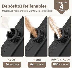 Base para guarda-sol 4 peças de 60 litros / 84 kg, recarregável, para guarda-sol com base quadrada preta