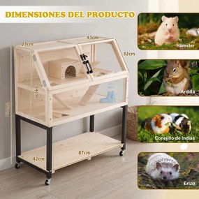 Jaula para Hamsters de Madeira, 87 x 42 x 101 cm, Dois Níveis, Natural