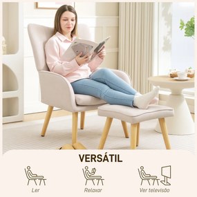 Poltrona com Apoio para Pés Poltrona de Leitura com Capitonê Pés de Madeira e Revestimento em Linho 70x72x94 cm Bege