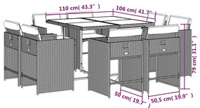 9 pcs conjunto de jantar p/ jardim c/ almofadões vime PE cinza