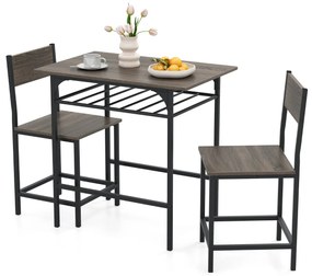 Conjunto de mesa de jantar com 2 cadeiras com prateleira aberta, estrutura metálica cinzento