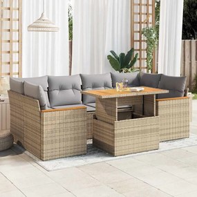 6 pcs conjunto sofás jardim com almofadões vime PE/acácia bege