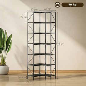 Estante de canto industrial com 7 níveis e prateleiras de arrumação, 60 x 60 x 198 cm, preta