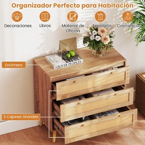 Cómoda em rattan 80 x 40 x 75,5 cm com 3 gavetas e pés em madeira de pinho, estilo boémio, para o quarto, sala de estar ou hall de entrada, com um toq