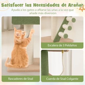 Arranhador para gatos do chão ao teto com altura ajustável 218-253 cm 5 níveis com cápsula espacial Postes de arranhar em sisal Verde