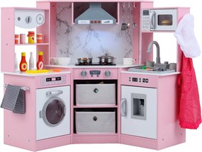 Cozinha Brincar de madeira para crianças 102 x 51 x 85 cm com luzes e sons, exaustor iluminado, sistema de água com dispensador e máquina de lavar par