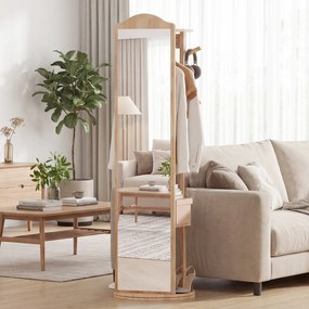 Espelho giratório 3 em 1 com cabideiro, estantes e ganchos – organizador para quarto – 48 x 168 cm – cor Natural