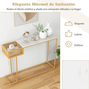 Mesa de consola de mármore falso com estrutura de metal retangular com cesta de arame para sala de estar 110 x 30 x 80 cm dourada