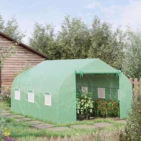 Estufa tipo túnel para jardim, 10,5 m², dimensões: 3,5 m (L) x 3 m (C) x 2 m (A), porta + 6 janelas enroláveis, aço galvanizado, lona de PE de alta de