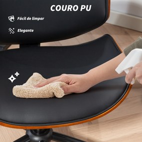 Cadeira de Escritório sem Braços Cadeira de Secretária Vintage Giratória Estofada em PU Altura Ajustável 52x54x74-84 cm Preto e Madeira