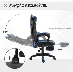 Cadeira Gaming Ergonómica Cadeira Gaming para Escritório com Altura Ajustável Encosto Regulável Almofada Lombar Apoio para os Pés Retráteis 65x70x117-