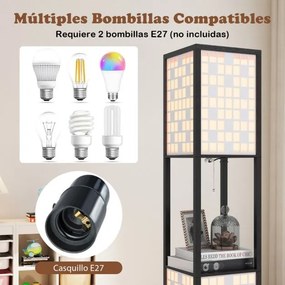 Candeeiro de pé 26 x 26 x 156 cm com 2 luzes e prateleiras de madeira com 2 abajures com padrões recortados Luz independente com puxador preto