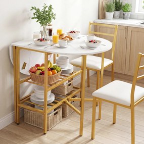 Mesa de jantar extensível e dobrável com 2 extensões rebatíveis 110 x 70 x 76 cm, 2 prateleiras de arrumação e Estrutura metálica para espaços pequeno