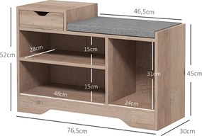 Banco para sapatos com 1 gaveta e 3 compartimentos, com almofada estofada com capacidade para 5 pares, 76,5 x 30 x 52 cm, cinzento