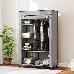 Guarda roupa em tecido, móvel de arrumação com 6 rodas, varão para roupa e prateleiras abertas, 103 x 43 x 162,5 cm, cinzento
