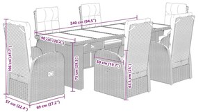 7 pcs conjunto de jantar p/ jardim c/ almofadões vime PE preto