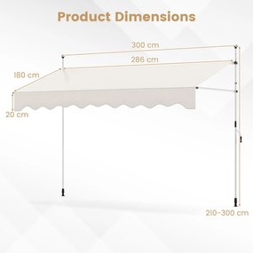 Toldo retrátil manual 3 m x 180 cm Sombra exterior ajustável sem perfuração com manivela para pátio, varanda, jardim Branco