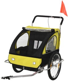 HOMCOM Reboque de Bicicleta 2 EM 1 para crianças de 2 lugares com Amortecedores Convertível em carrinho com barra e kit de corrida 129x85x105cm Amarelo