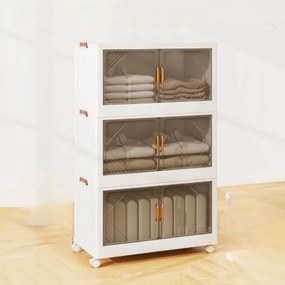 Caixas de armazenamento 213 L com tampa 3 Caixas empilháveis com rodas e portas Organizador dobrável para quarto Branco + Castanho