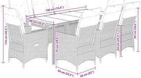 9 pcs conjunto de jantar p/ jardim c/ almofadões vime PE cinza