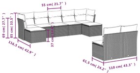 9 pcs conjunto de sofás p/ jardim com almofadões vime PE bege