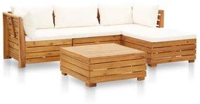 vidaXL 5 pcs conjunto lounge jardim c/ almofadões acácia branco nata