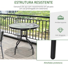 Outsunny Mesa de Jardim Redonda Mesa Sala de Jantar de Cristal Temperado com Orifício para Chapéu de Sol Estrutura Metálica para Pátio Terraço Exterior Ø80x72cm Preto