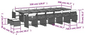 17 pcs conj. de jantar p/ jardim c/ almofadões vime PE cinzento