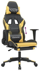 Cadeira gaming c/ apoio pés couro artificial preto e dourado